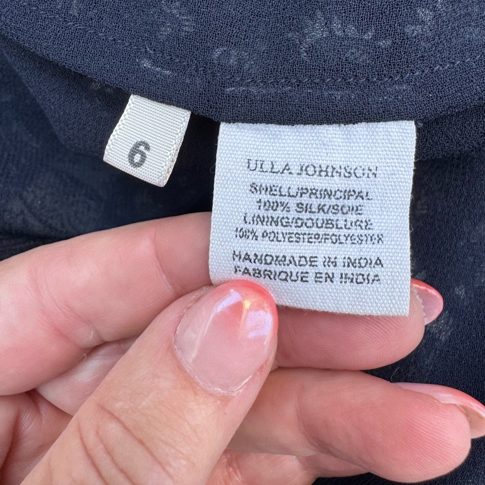 ULLA JOHNSON: Silk Georgette Tropez Paisley Dress in Navy, Size 6 - Picture 7 of 10